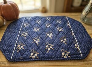 Vintage Quilted Navy Floral Placemats Set of 12 Country Cottagecore Grandmacore